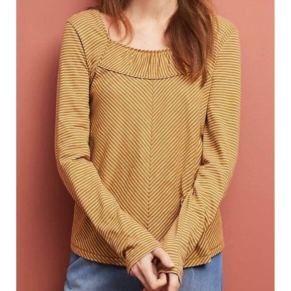 MaEve Anthropologie NWT Kenley Mini Pleats Neckline Stripe Long Sleeve Top L - Picture 2 of 8